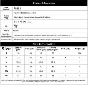 Detailed size chart for women long sleeve blazer including bust and sleeve length info