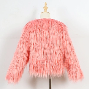 Detailed back view of a fuzzy pink faux fur jacket showing long plush fiber texture