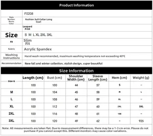 Detailed size chart for long leopard print faux fur coat with fit and fabric specs