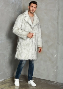 Detailed view of men's faux fur long coat with lapel collar in white and grey texture