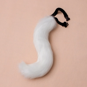 Detail of white faux fur cosplay tail featuring adjustable black straps and soft dense plush