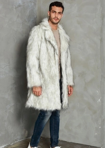 Long faux fur coat for men with a white and black gradient texture and notch lapel