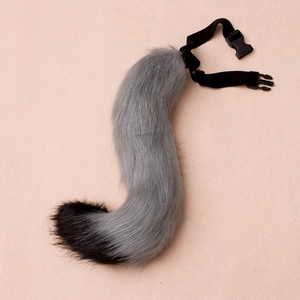 Adjustable faux fox tail accessory with grey gradient fur and black waist buckle strap
