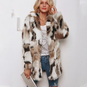 Women's faux fur coat with white and brown patchwork patterns and long sleeves