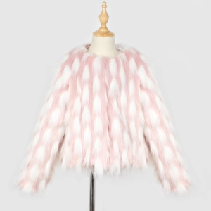 Detailed view of pink and white diamond pattern faux fur fabric on kids jacket