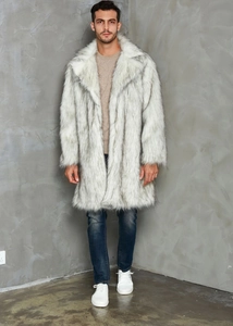 Full view of men's long faux fur coat featuring a classic lapel and plush black-tipped fur