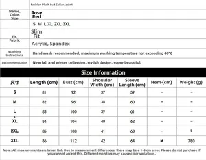Guide des tailles détaillé pour manteau long en fausse fourrure avec mesures en centimètres