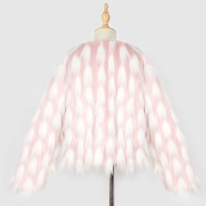 Detailed macro view of pink and white diamond pattern faux fur jacket for girls