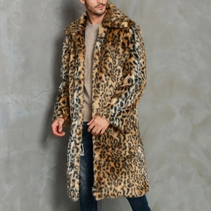 Men's long faux fur leopard print coat with a large notched collar in a trendy winter style