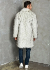 Back view of a long faux fox fur coat for men in grey and white color mixture