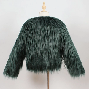 Rear view of dark green faux fur jacket for children with long dense synthetic fibers