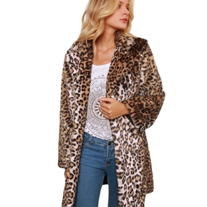 Manteau léopard en fausse fourrure pour femme avec revers et manches longues mi-long