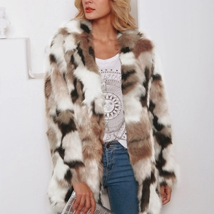Chic color-block faux fox fur coat in brown, black and cream with a notch lapel