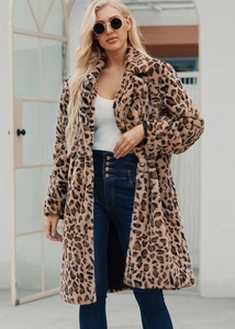 Close-up of a long leopard print faux fur coat with notched lapels for winter style
