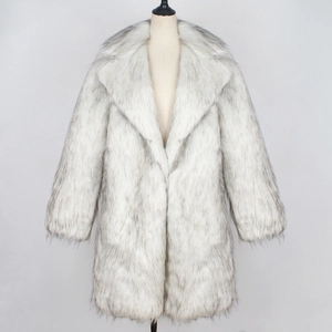 Close-up of fluffy white faux fur coat for men with grey tips and large notch lapel