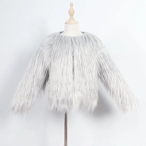Detailed view of plush light grey faux fur texture on a stylish children's winter coat