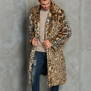 Men's faux fur leopard print mid-length coat with turn-down collar and industrial style