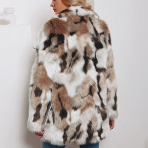Women's faux fur coat with mixed color pattern and lapel collar, back view studio shot