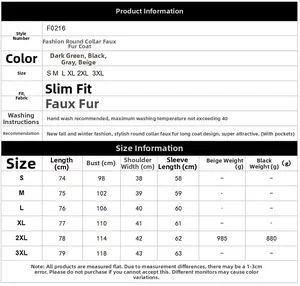 Guide des tailles détaillé pour manteau en fausse fourrure femme, tailles S à 3XL