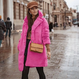 Manteau en Fausse Fourrure pour Femmes Chaud Mi-longue Veste Shaggy Streetwear Revers Couleur Unie Rose Hiver Pardessus
