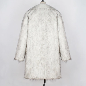 Detail view of the back of a grey long faux fur coat with a straight silhouette