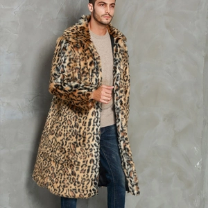 Men's leopard print faux fur coat with lapel collar and stylish mid-length silhouette