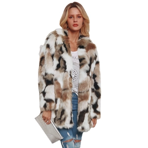 Women's faux fur coat with mixed white and brown marble pattern in long sleeve design