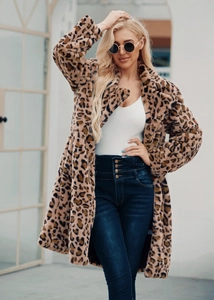 Detail of premium faux fur leopard print coat featuring a stylish wide notched lapel