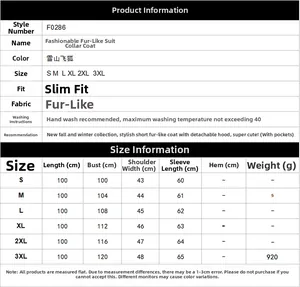 Detailed size chart for men's faux fur long coat with suit collar and fit dimensions
