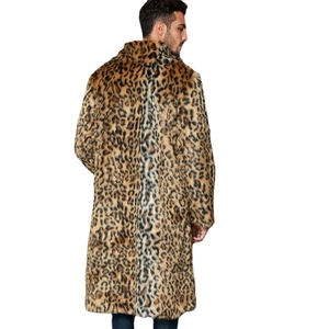 Men's long faux fur coat featuring classic leopard print and elegant notch lapel design