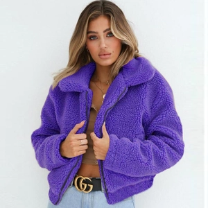 Women's purple teddy fleece cropped jacket with zipper and warm stand collar