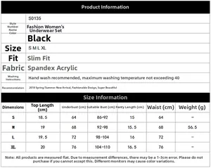Tableau des tailles détaillé pour ensemble de lingerie sexy noire pour femme de S à XL