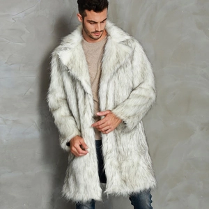 Men's oversized faux fur long coat with notch lapel in white and grey wolf fur texture