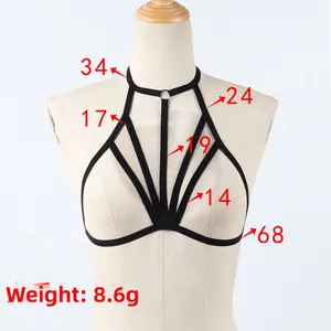 Detailed technical diagram of black elastic strappy bra harness with precise measurements