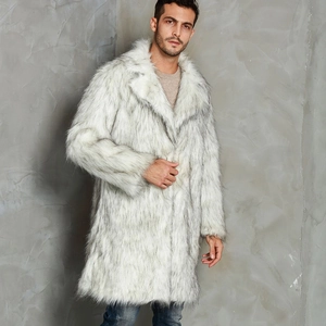Men's faux fur long coat with large lapel and grey wolf texture pattern