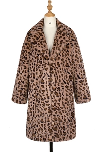 Detailed texture of leopard print faux fur coat with a wide notch lapel design
