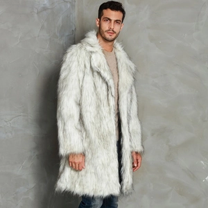 Men's long faux fur coat with white and grey texture, featuring a wide lapel collar
