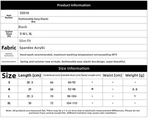 Detailed size chart for sexy black lingerie showing measurements for S to XL sizes