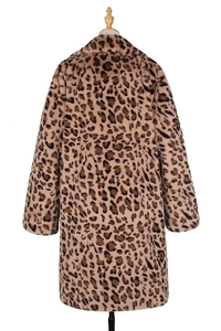 Detailed macro view of the soft faux fur texture and leopard print pattern on this long coat