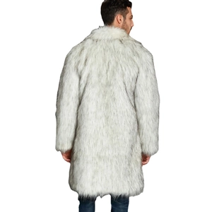 Men's faux fur long coat with notched lapel in mottled grey and white fur texture