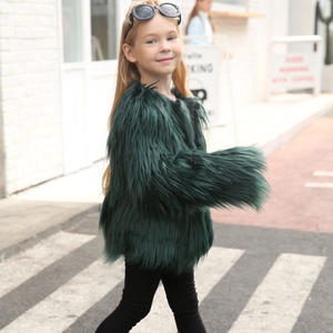 Girl's stylish dark green faux fur coat with long fluffy texture for winter fashion