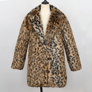 Detail of the leopard print faux fur coat featuring a wide collar and plush texture