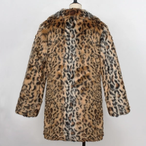 Close-up back view of a plush leopard print faux fur coat with soft texture and long sleeves