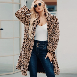 Women's Fashion Leopard Print Faux Fur Coat Long Sleeve Notched Lapel Casual Thick Warm Winter Jacket Outwear