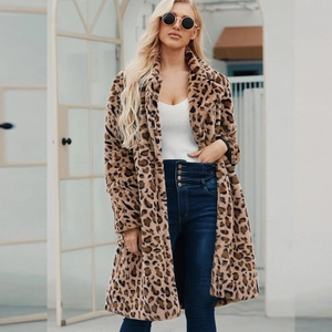 Long leopard print faux fur coat with lapel collar paired with jeans for women