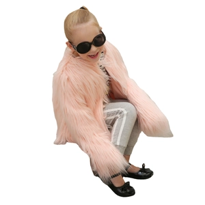 Fashionable pink faux fur coat for kids with long sleeves and fluffy texture for autumn winter