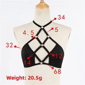 Detail of black elastic harness bra with silver metal rings and 20.5g weight info