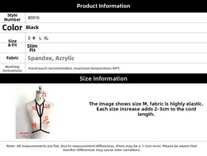 Detailed size chart for black slim fit elastic body harness with measurement guidelines