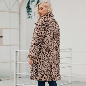 Chic long leopard print faux fur coat with notch lapel for women in winter style