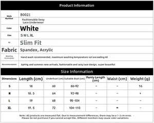 Size chart for lace lingerie top B0021 showing detailed measurements from S to XL